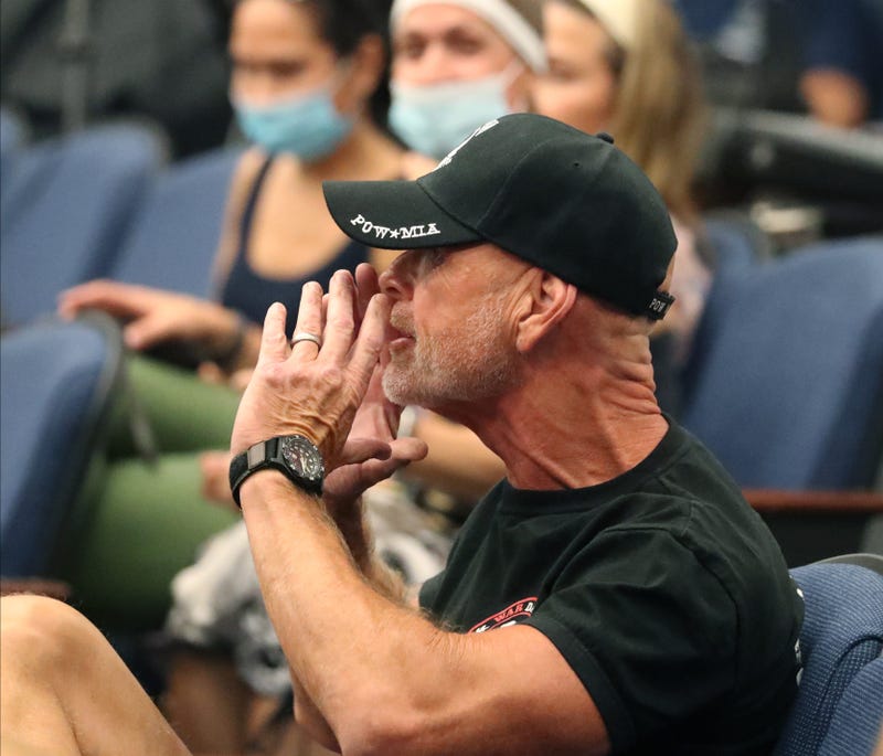 Zack Zaccordo yells at board members during a Clarkstown School Board meeting at Clarkstown South in West Nyack Aug. 12, 2021