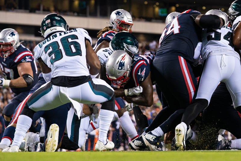 New England Patriots running back Rhamondre Stevenson scores a touchdown against the Philadelphia Eagles during the third quarter at Lincoln Financial Field.