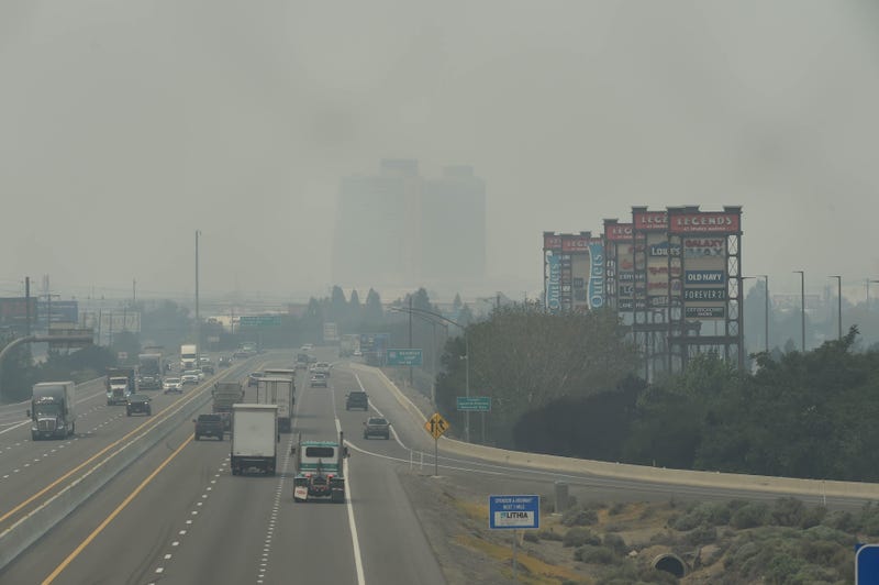 Smoke from the Dixie and Caldor fires in Northern California covers the Truckee Meadows on August 17, 2021. Here, a view of I-80 looking west from the Sparks Boulevard overpass.