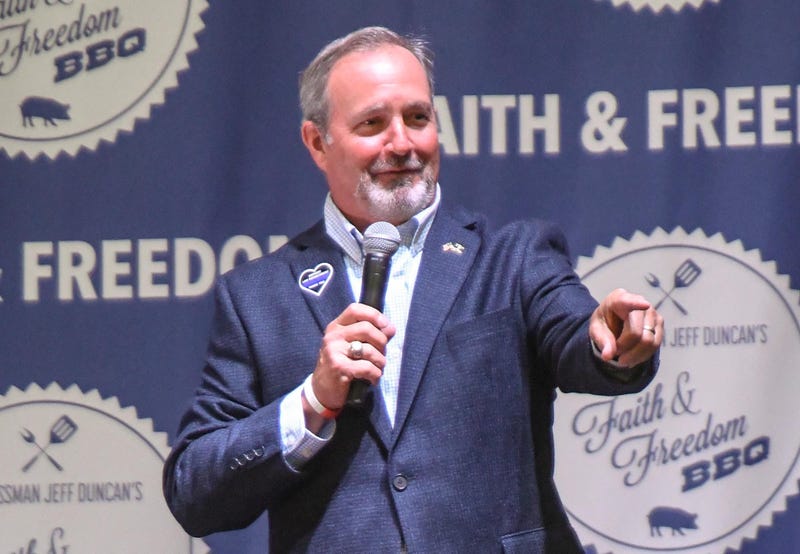 U.S. Rep. Jeff Duncan talks during his 10th annual Faith and Freedom during Congressman Jeff Duncan's 10th annual Faith and Freedom BBQ at the Civic Center of Anderson Monday, August 23, 2021.