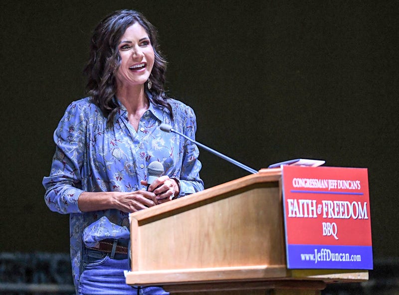 South Dakota Gov. Kristi Noem speaks at the Congressman Jeff Duncan's 10th annual Faith and Freedom BBQ at the Civic Center of Anderson Monday, August 23, 2021.