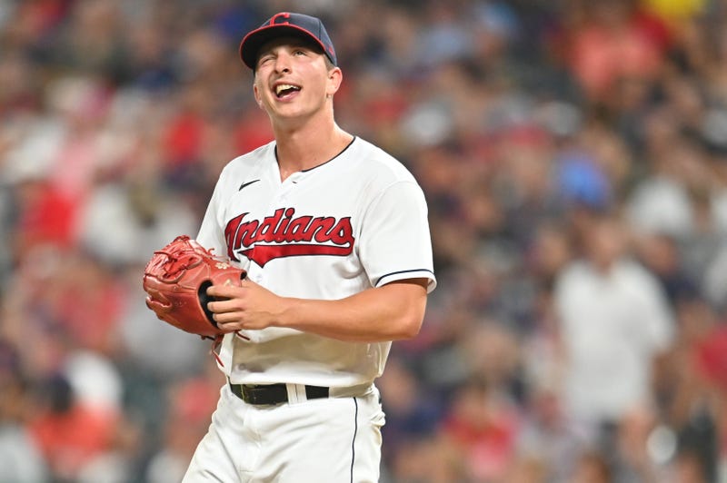 Cleveland Indians relief pitcher James Karinchak (99) reacts after giving up a home run to Boston Red Sox shortstop Jonathan Arauz (not pictured) during the eighth inning at Progressive Field.