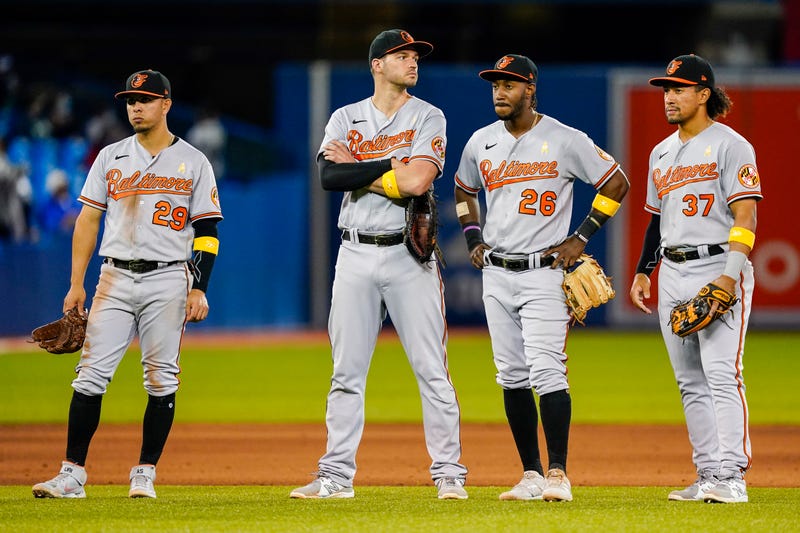 The O's infield, featuring Ramon Urias and Jorge Mateo