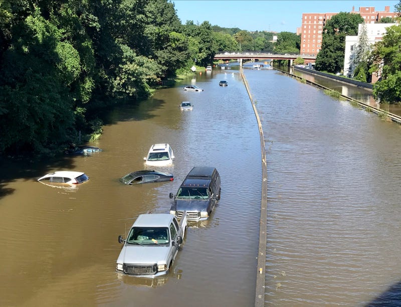 A view of the southbound Sprain Brook Parkway, left, on the Yonkers and Bronxville border in New York after the heavy rainfall overnight, Sept. 2, 2021