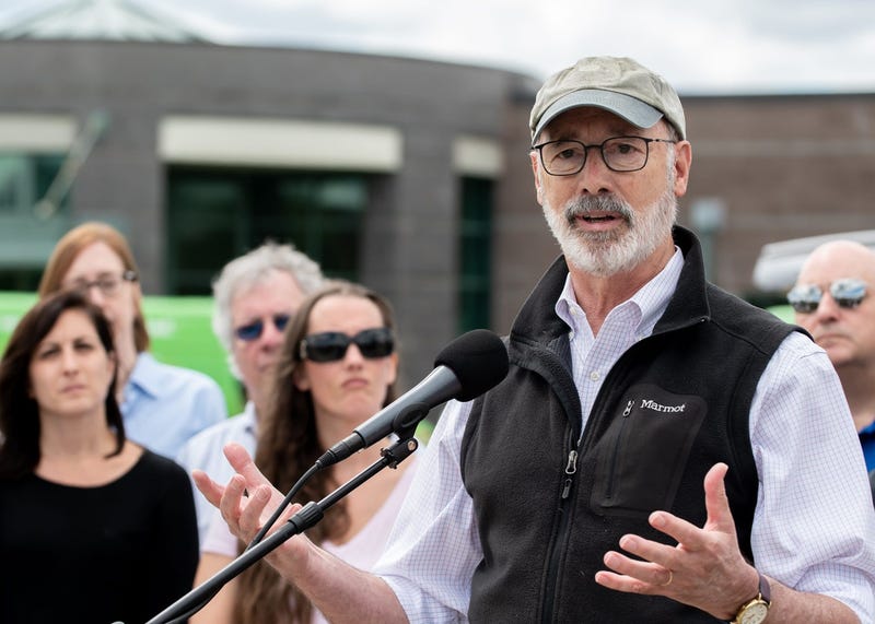 Governor Tom Wolf speaks with the media and local officials outside the Upper Dublin Township Building,