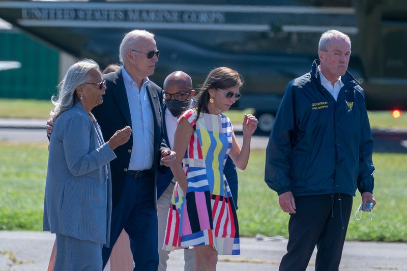 President Joe Biden with Gov. Phil Murphy and other officials at Central Jersey Regional Airport in Hillsborough Township on Sept. 7