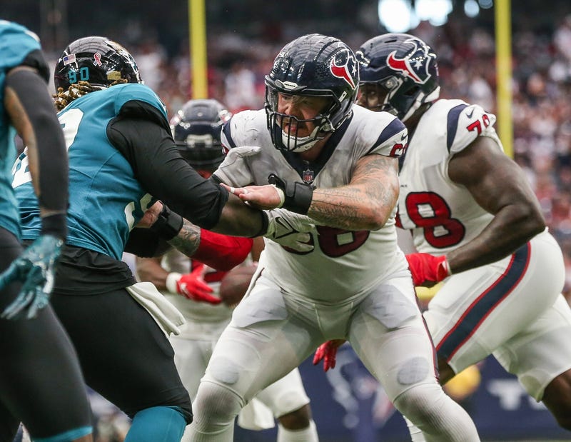 Houston Texans center Justin Britt (68) guards against the defense during the game against the Jacksonville Jaguars at NRG Stadium.