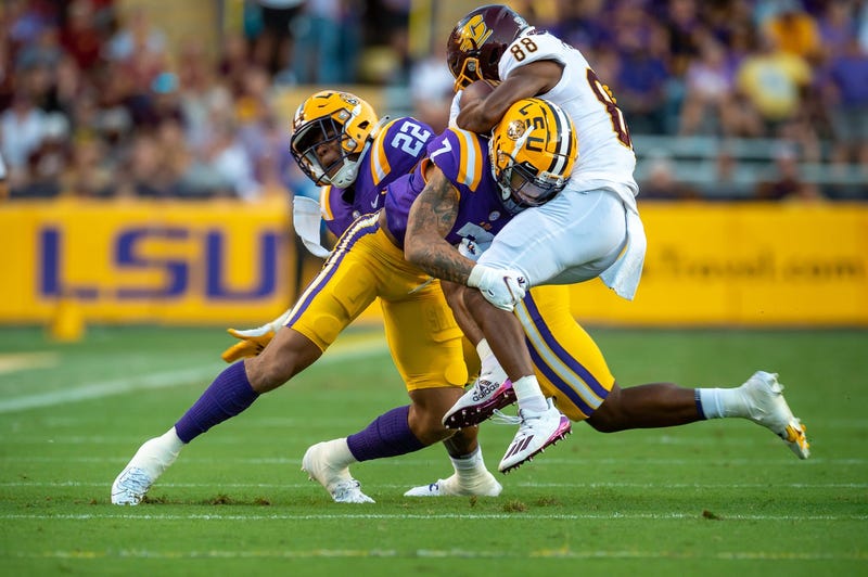 Derek Stingley Jr makes a tackle as The LSU Tigers take on Central Michigan Chippewas in Tiger Stadium. 
