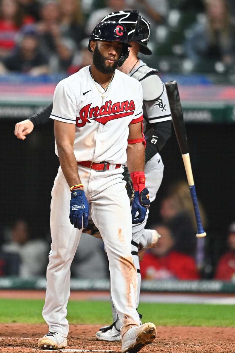 Sep 24, 2021; Cleveland, Ohio, USA; Cleveland Indians shortstop Amed Rosario (1) throws his bat after striking out during the eighth inning against the Chicago White Sox at Progressive Field.
