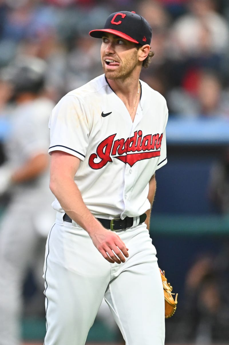 Sep 24, 2021; Cleveland, Ohio, USA; Cleveland Indians starting pitcher Shane Bieber (57) walks off the mound during the first inning against the Chicago White Sox at Progressive Field.