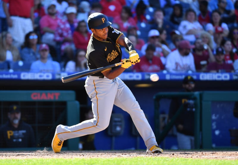  Pittsburgh Pirates third baseman Ke'Bryan Hayes (13) hits a two RBI double during the seventh inning