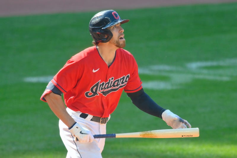 Sep 27, 2021; Cleveland, Ohio, USA; Cleveland Indians right fielder Bradley Zimmer (4) watches his solo home run in the eighth inning against the Kansas City Royals at Progressive Field.