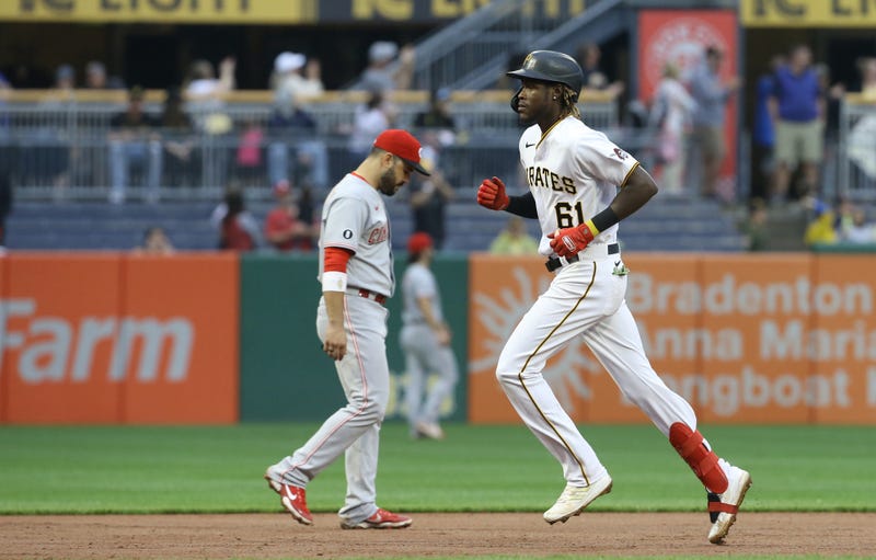Pittsburgh Pirates shortstop Oneil Cruz (61) circles the bases on his first career major league home run a two run home run
