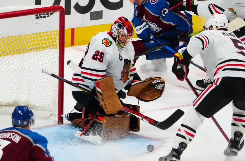 Chicago Blackhawks goaltender Marc-Andre Fleury (29) defends his net in the third period against the Colorado Avalanche at Ball Arena.