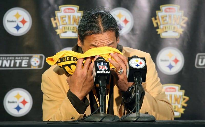 Troy Polamalu wiping tears with Terrible Towel