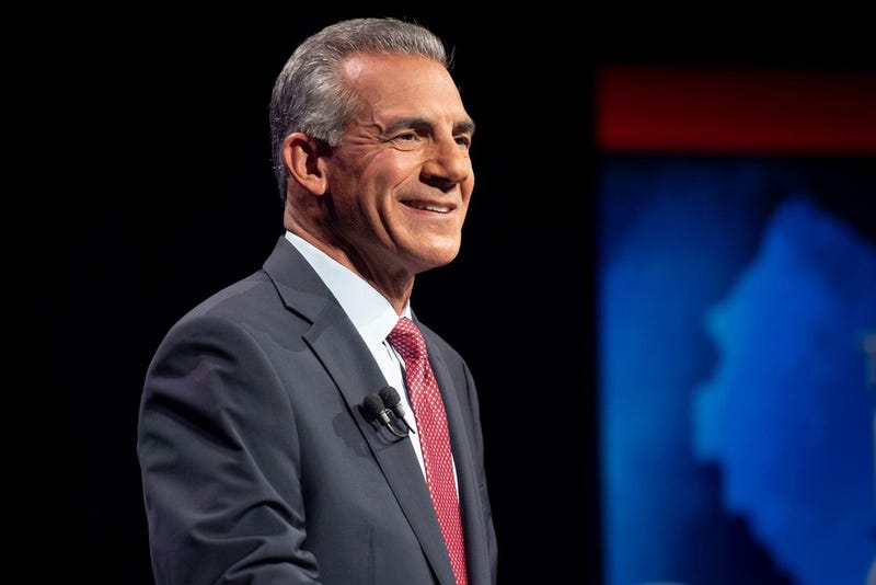 Republican Jack Ciattarelli appears on stage alone for a photo opportunity prior to the first gubernatorial debate in Newark.