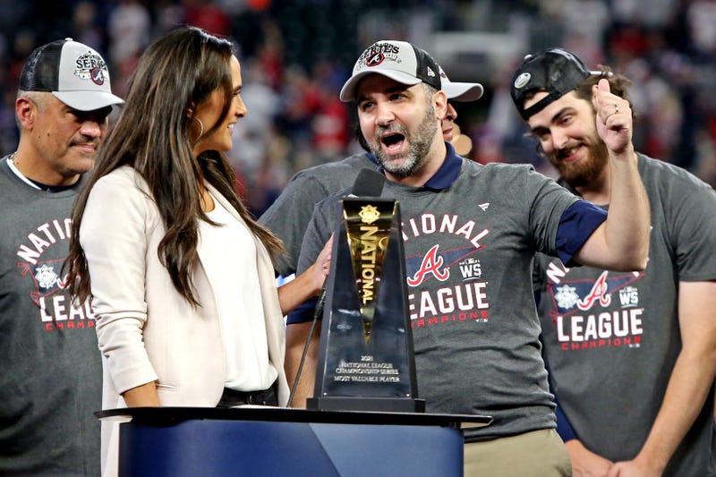 Oct 23, 2021; Cumberland, Georgia, USA; Atlanta Braves general manager Alex Anthopoulos celebrates after the Atlanta Braves beat the Los Angeles Dodgers in game six of the 2021 NLCS to advance to the World Series at Truist Park.