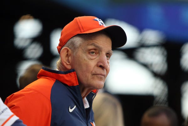 Houston Astros fan Jim "Mattress Mack" McIngvale watches batting practice prior to game five of the 2021 World Series against the Atlanta Braves at Truist Park