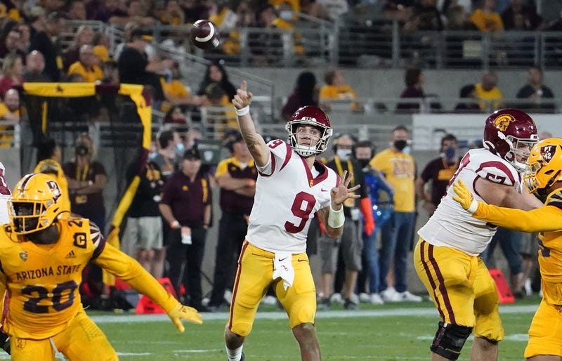 Tempe, Arizona, USA; USC Trojans quarterback Kedon Slovis (9) throws a pass against the Arizona State Sun Devils