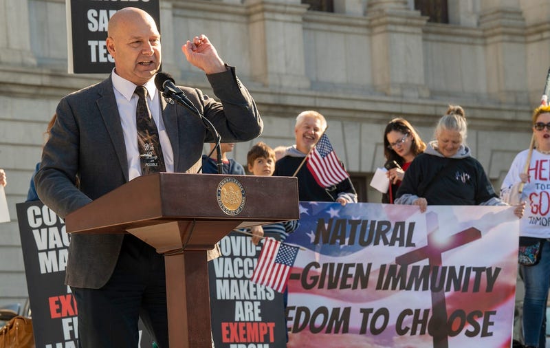 Sen Doug Mastriano speaks during the Medical Freedom Rally at the Pennsylvania Capital November 9, 2021. 