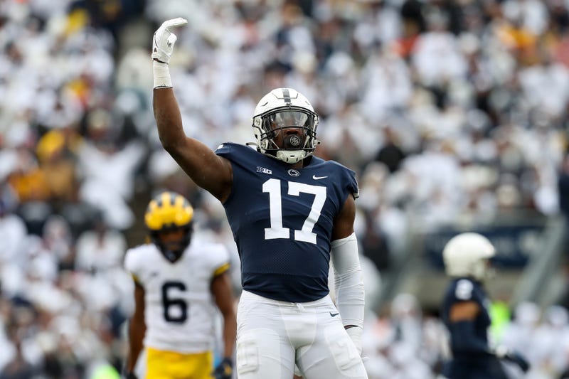 Penn State Nittany Lions defensive end Arnold Ebiketie (17) reacts follow a sack on Michigan Wolverines quarterback Cade McNamara (12) (not pictured) during the second quarter at Beaver Stadium.