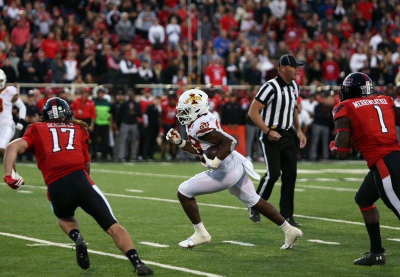 Lubbock, Texas, USA; Iowa State Cyclones running back Breece Hall (28) rushes against the Texas Tech Red Raiders