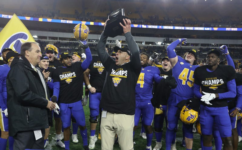  Pittsburgh Panthers head coach Pat Narduzzi celebrates with the ACC Coastal Division Championship trophy 
