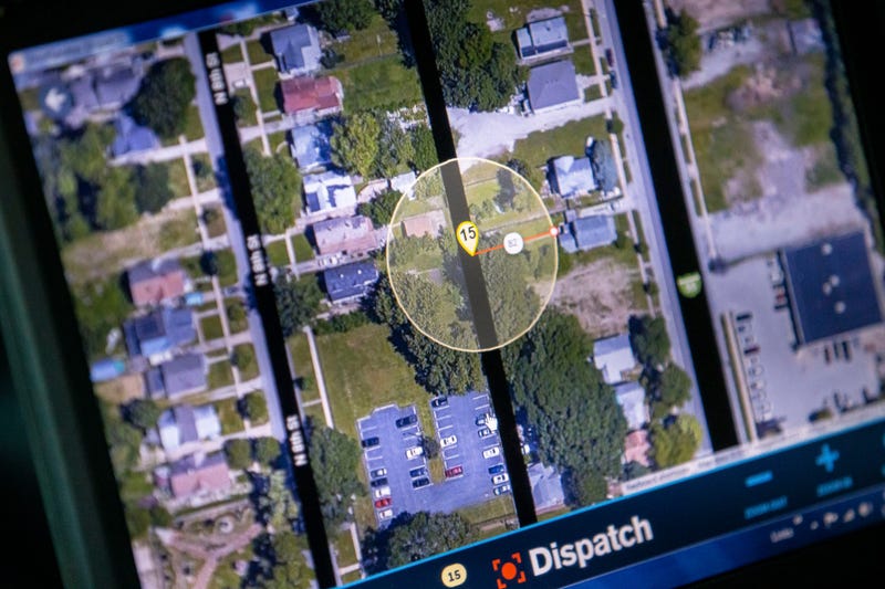 A laptop computer in a Springfield Police car shows the notification for 15 shots of gunfire on a map from the Shotspotter system during a demonstration at the SPD headquarters in Springfield, Ill., Wednesday, November 24, 2021.