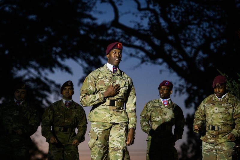 Members of the 82nd Airborne Division All-American Chorus sing Christmas carols at the Fort Bragg Family of the Year and Tree Lighting ceremony on Friday, Dec. 3, 2021.