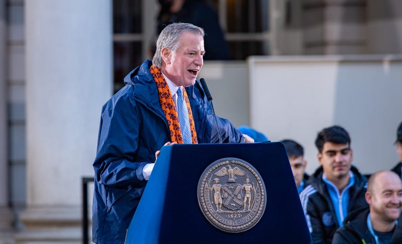 Mayor Bill de Blasio speaks as New York City FC celebrates its MLS Cup championship win at City Hall
