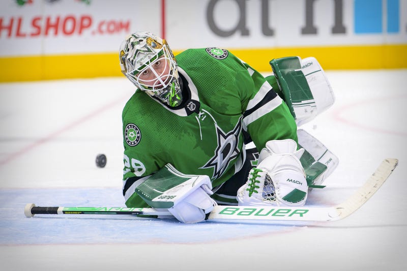 Dec 14, 2021; Dallas, Texas, USA; Dallas Stars goaltender Jake Oettinger (29) reacts to giving up a goal to St. Louis Blues right wing Vladimir Tarasenko (not pictured) during the third period at the American Airlines Center.
