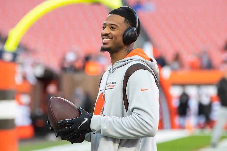 Cleveland Browns wide receiver Rashard Higgins (82) smiles at fans during warm ups before the game between the Browns and the Las Vegas Raiders at FirstEnergy Stadium
