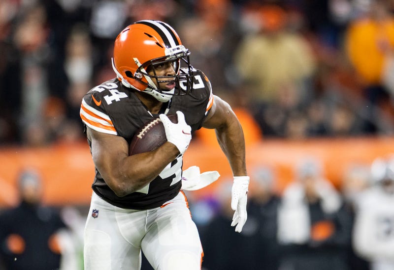 Nick Chubb models the Browns brown uniform tops. 