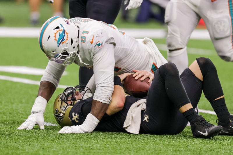 Saints quarterback Ian Book is sacked