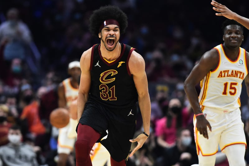 Dec 31, 2021; Cleveland, Ohio, USA; Cleveland Cavaliers center Jarrett Allen (31) celebrates after a dunk during the first half against the Atlanta Hawks at Rocket Mortgage FieldHouse.