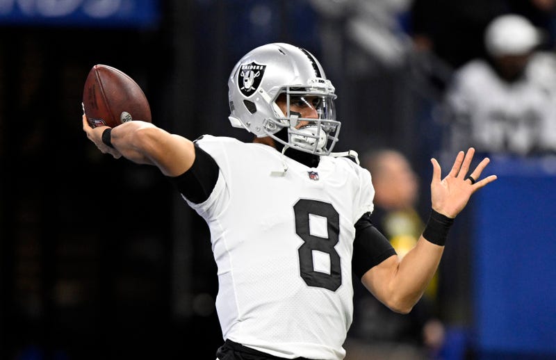  Jan 2, 2022; Indianapolis, Indiana, USA; Las Vegas Raiders quarterback Marcus Mariota (8) throws a ball during warmups before the game against the Indianapolis Colts at Lucas Oil Stadium. 