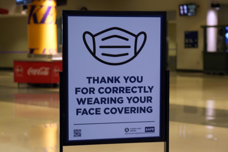 A face mask advisory sign amid the global coronavirus COVID-19 pandemic at Crypto.com Arena during the NBA game between the Los Angeles Lakers and the Sacramento Kings.