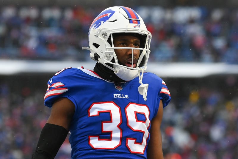 Buffalo Bills cornerback Levi Wallace (39) reacts to a defensive play against the Atlanta Falcons at Highmark Stadium.