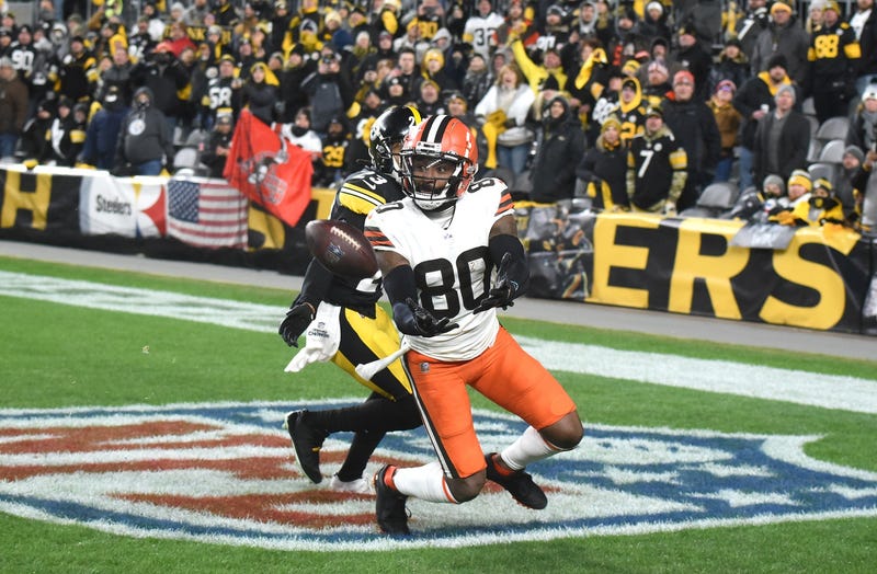 Cleveland Browns wide receiver Jarvis Landry (80) misses a pass as Pittsburgh Steelers cornerback Joe Haden (23) provides coverage