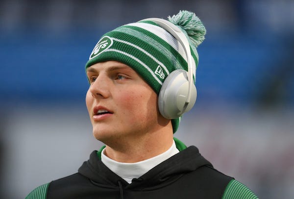 New York Jets quarterback Zach Wilson looks on prior to the game against the Buffalo Bills at Highmark Stadium