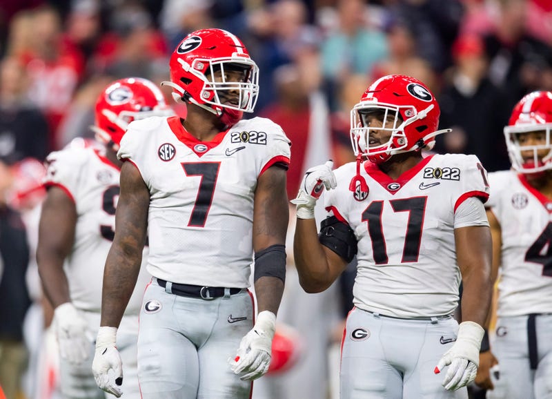 Jan 10, 2022; Indianapolis, IN, USA; Georgia Bulldogs linebacker Quay Walker (7) and Nakobe Dean (17) against the Alabama Crimson Tide in the 2022 CFP college football national championship game at Lucas Oil Stadium.