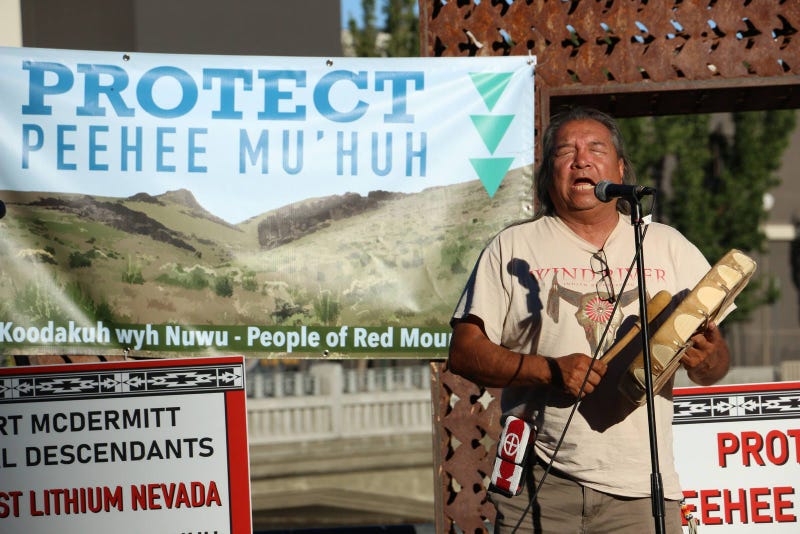 Hundreds gather in Reno's City Plaza to protest the proposed Thacker Pass Lithium Mine in an area of Nevada traditionally known as Peehee Mu'huh on June 12, 2021.