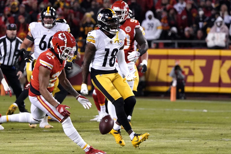 Jan 16, 2022; Kansas City, Missouri, USA; Pittsburgh Steelers wide receiver Diontae Johnson (18) reacts during the first half against the Kansas City Chiefs