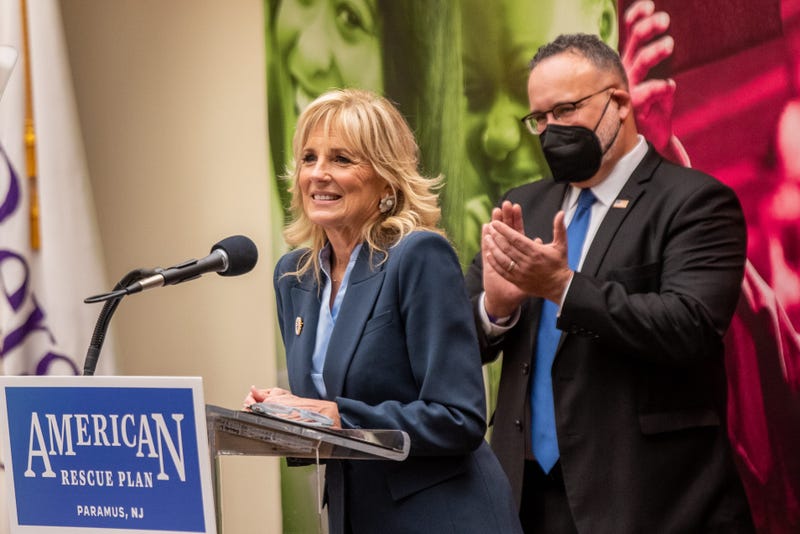 First Lady Jill Biden speaks as she and U.S. Secretary of Education Miguel Cardona visit Bergen Community College in Paramus, NJ on Thursday Jan. 20, 2022. Jill Biden Visits Bcc