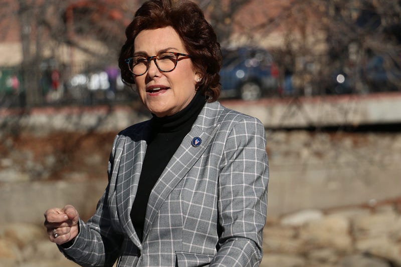 U.S. Senator Jacky Rosen speaks to the media about the project to replace the Arlington Street bridge in downtown Reno on Jan. 27, 2022
