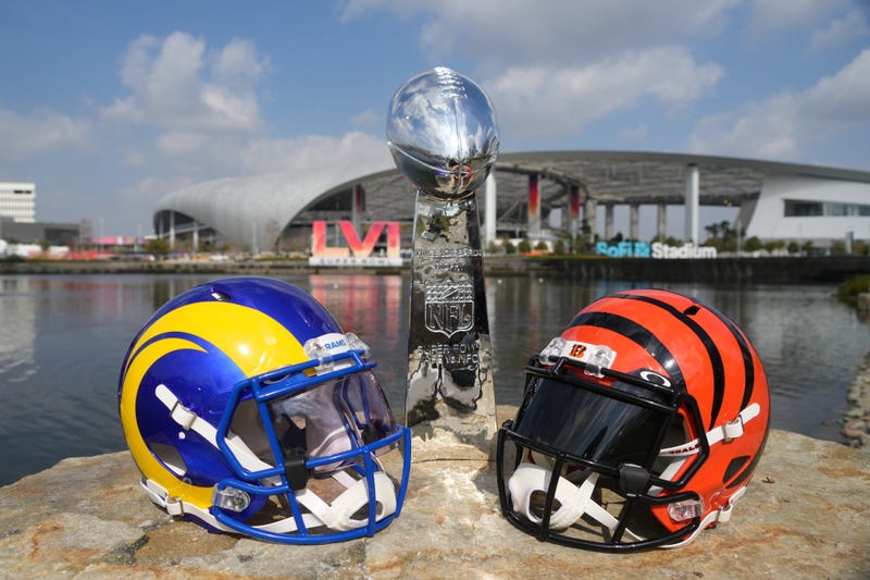 Feb 1, 2022; Inglewood, CA, USA; Los Angeles Rams and Cincinnati Bengals helmets are seen with a Vince Lombardi trophy at SoFi Stadium. The Rams and Bengals will play in Super Bowl LVI on Feb. 13, 202.