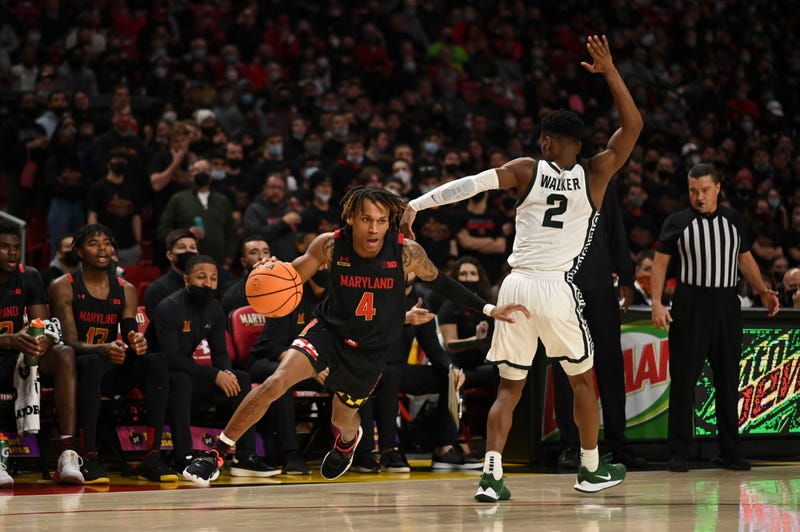 Maryland guard Fatts Russell drives to the basket during MD's 65-63 loss to MSU