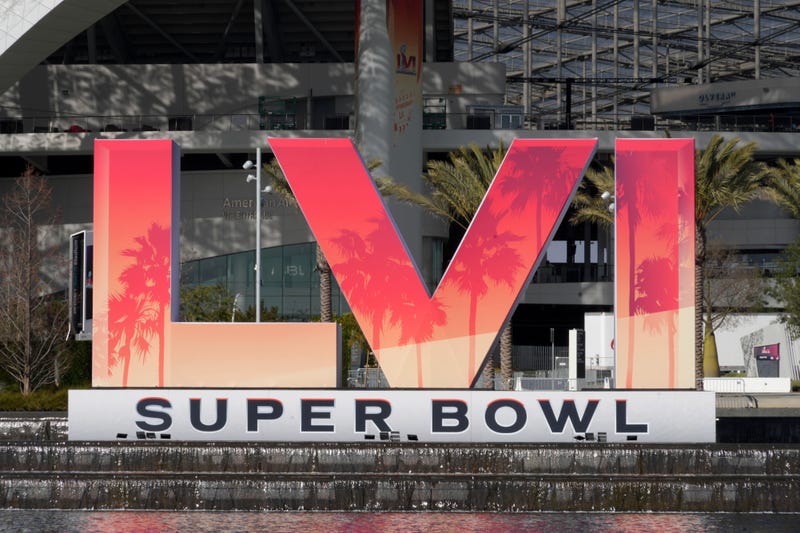 The Super Bowl LVI numerals are seen at SoFi Stadium. The Los Angeles Rams and the Cincinnati Bengals will play in Super Bowl 56 on Feb. 13, 2022.