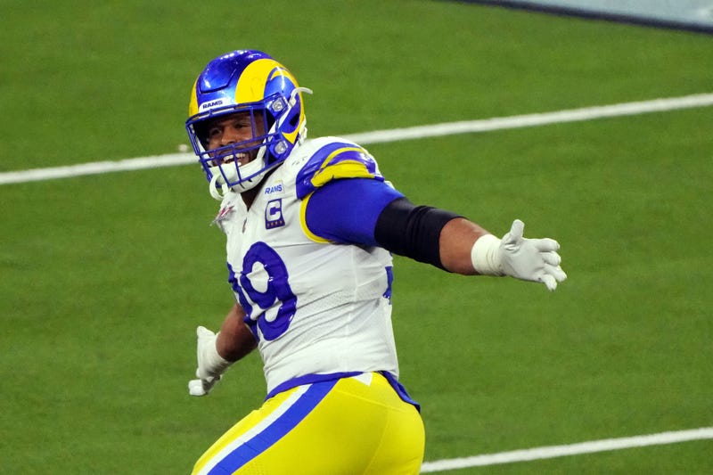 Aaron Donald celebrating a play during Super Bowl LVI