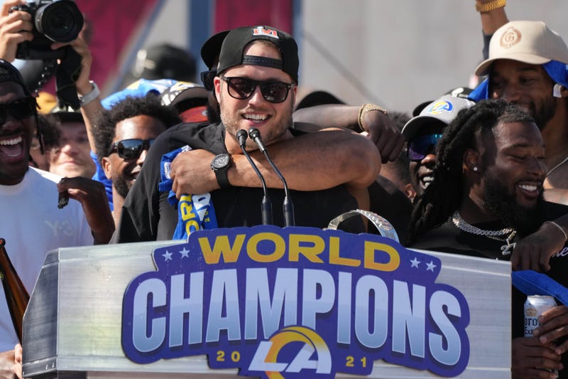 Los Angeles Rams quarterback Matthew Stafford during the Super Bowl LVI championship rally at the Los Angeles Memorial Coliseum on Feb. 16, 2022.